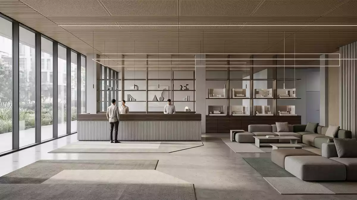 Architektur-Render im Hotellobby mit Hotelzimmer im Ausstellungsbereich, neutral