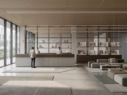Architektur-Render im Hotellobby mit Hotelzimmer zum Thema Holiday Inn, ISIN GB00BHJYC057, neutrales Tageslicht - Foto: THN