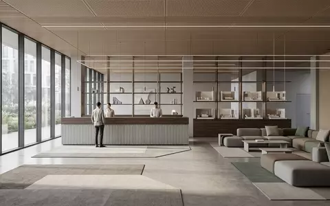 Architektur-Render im Hotellobby mit Hotelzimmer zum Thema Holiday Inn, ISIN GB00BHJYC057, neutrales Tageslicht - Foto: THN