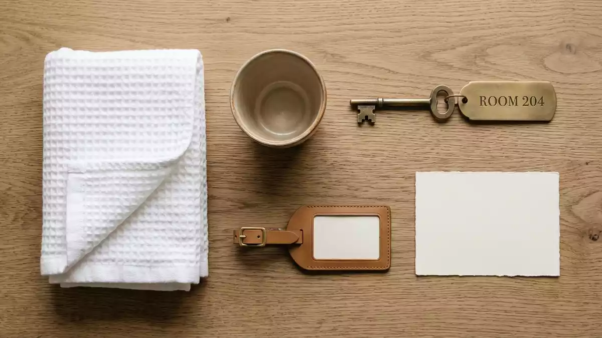 Flatlay-Arrangement rund um Hotelzimmer mit passenden Requisiten von oben, neutral