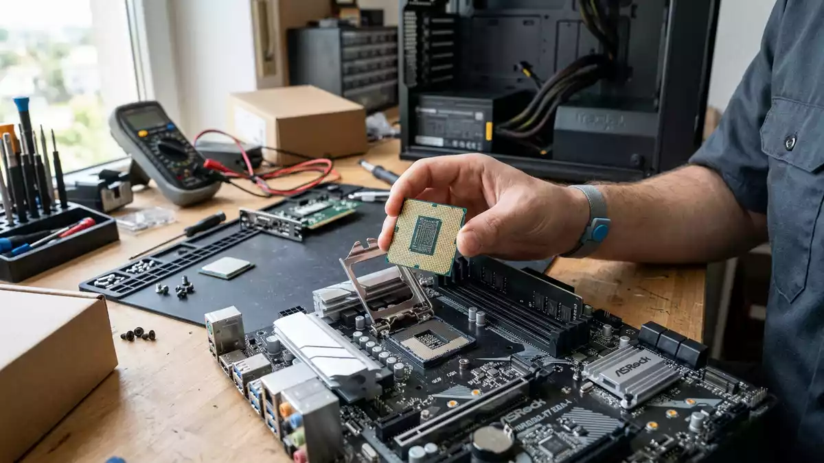 Fotorealistische Ansicht von Prozessorchip beim Computerbau in realer Umgebung