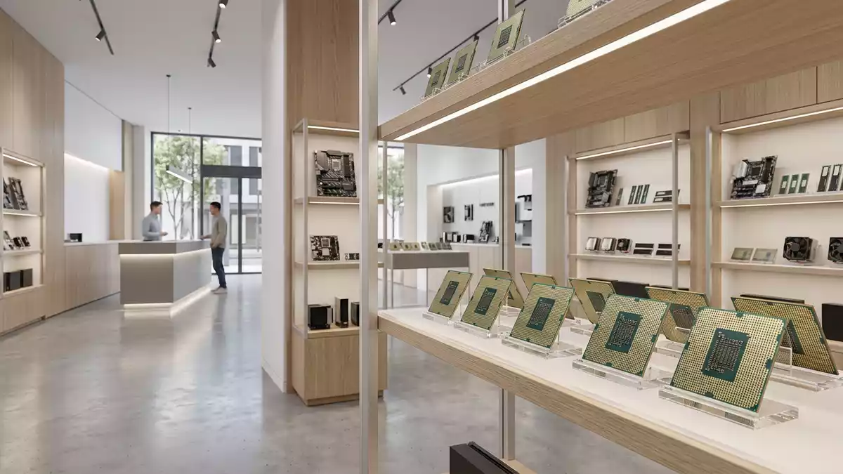 Architektur-Render im Computerfachhandel mit Prozessorchip im Ausstellungsbereich