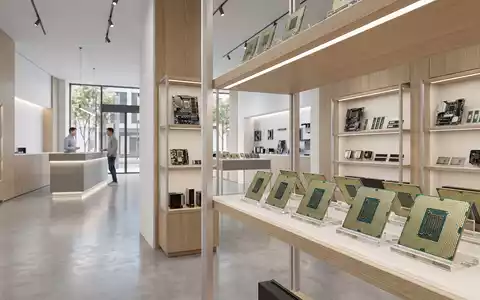 Architektur-Render im Computerfachhandel mit Prozessorchip zum Thema Intel Core i9 Prozessor, ISIN US4581401001, neutrales Tageslicht - Foto: THN