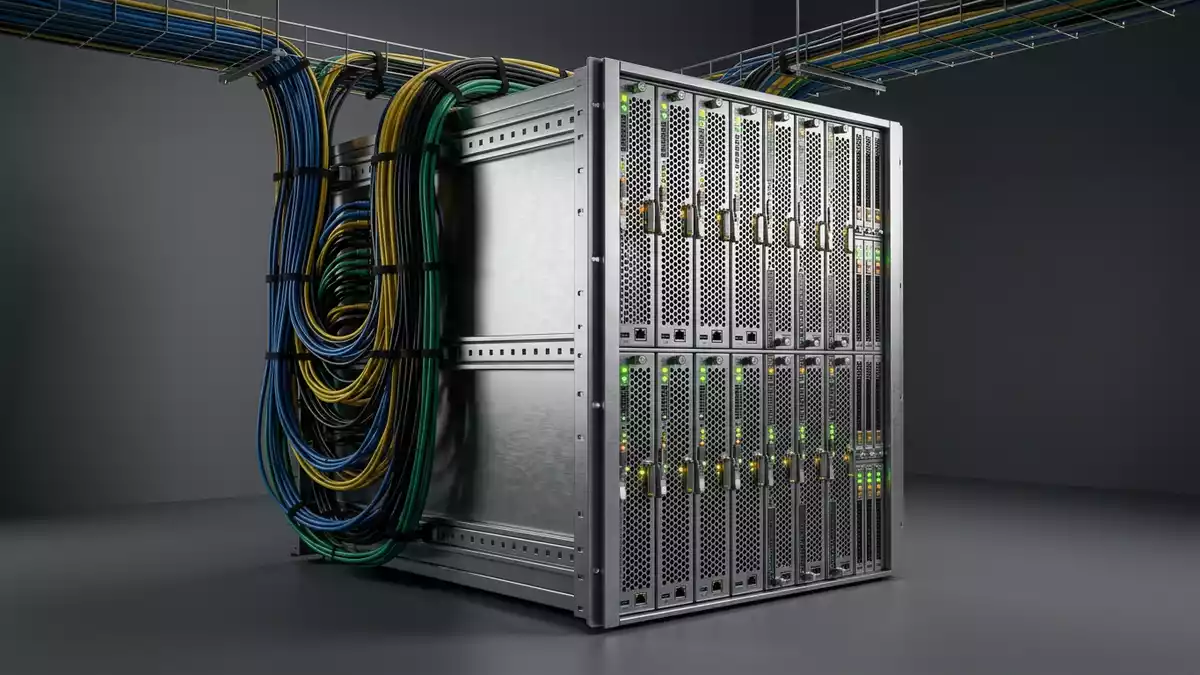Fotorealistische Studioansicht von Serverrack in neutraler Produktdarstellung, neutral