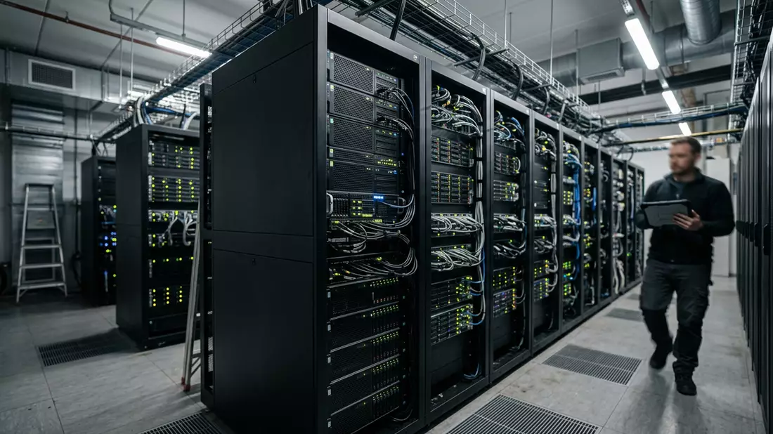Fotorealistische Ansicht von Serverrack im Rechenzentrum in realer Umgebung, neutral