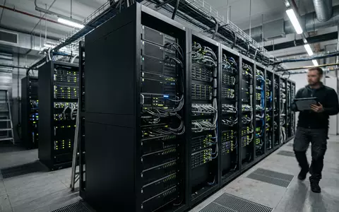 Fotorealistische Aufnahme von Serverrack im Rechenzentrum zum Thema IBM ThinkPad, ISIN US4592001014, natuerliches Licht - Foto: THN