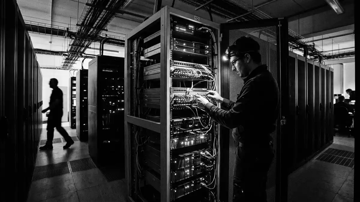 Schwarzweiss-Reportagebild mit Serverrack in dokumentarischer Arbeitsumgebung, neutral