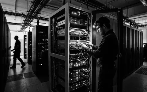 Schwarzweiss-Reportage mit Serverrack zum Thema IBM ThinkPad, ISIN US4592001014, hoher Kontrast, sachlich dargestellt - Foto: THN