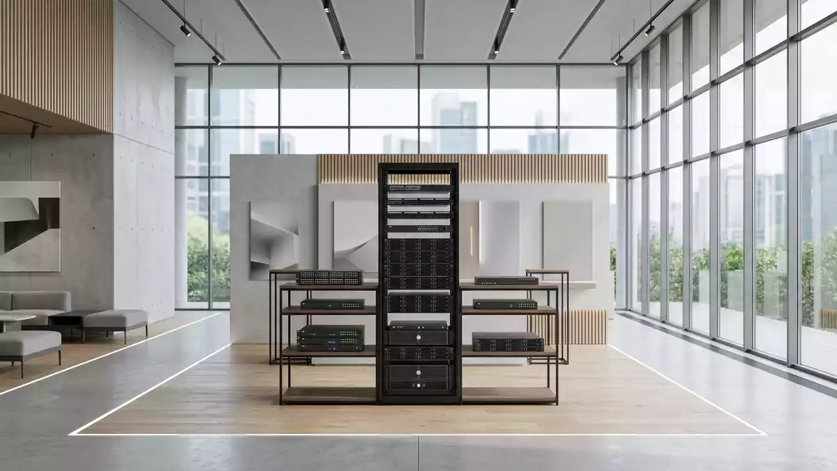 Architektur-Render im IT-Fachhandel mit Serverrack im Ausstellungsbereich, neutral