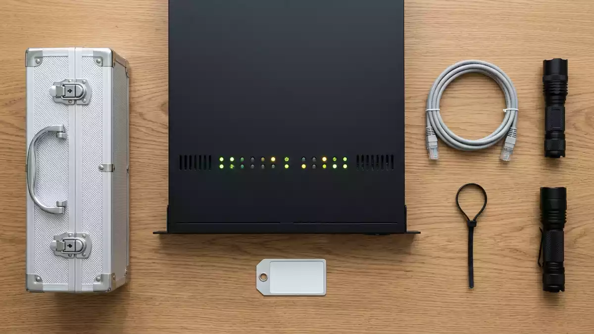 Flatlay-Arrangement rund um Serverrack mit passenden Requisiten von oben, neutral