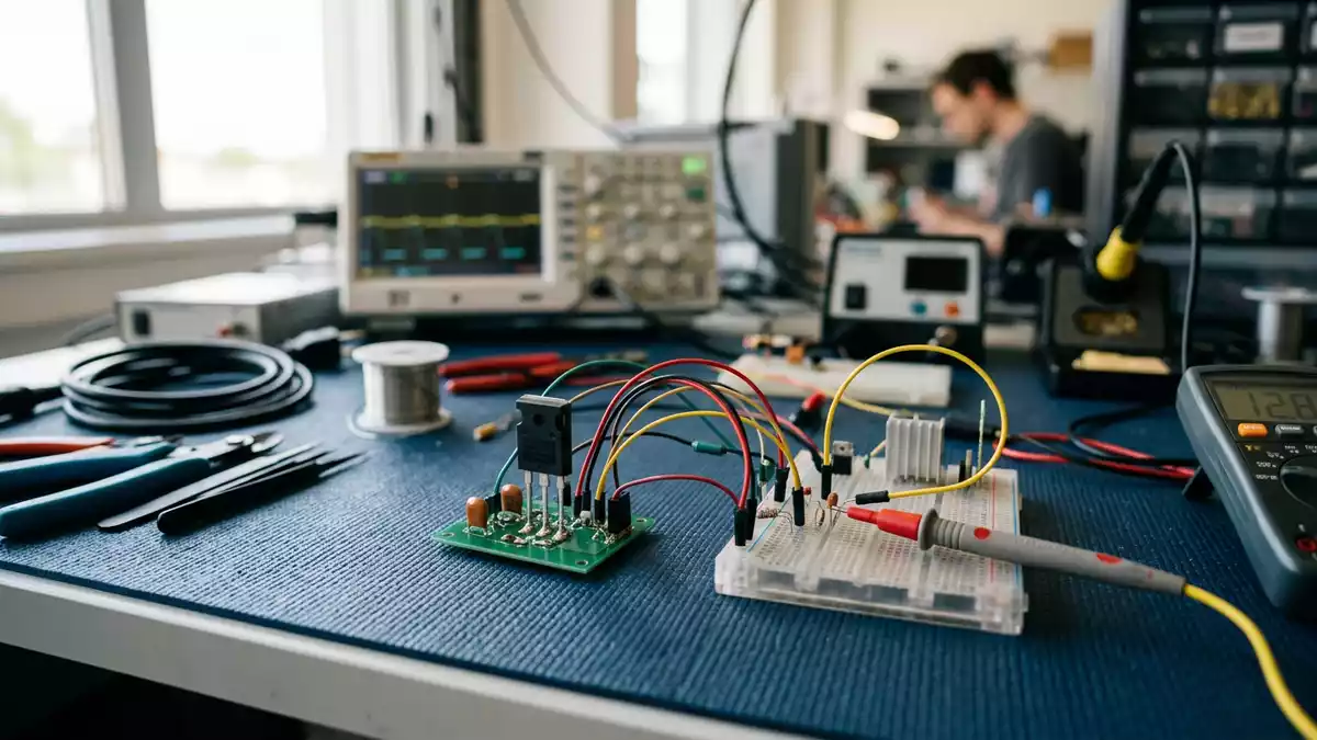 Fotorealistische Ansicht von Leistungshalbleiter in der Elektronikfertigung in realer
