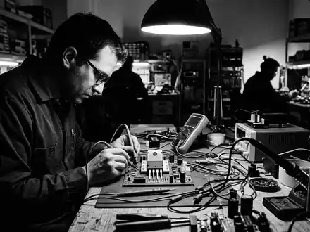 Schwarzweiss-Reportage mit Leistungshalbleiter zum Thema Infineon Chip, ISIN DE0006231004, hoher Kontrast, sachlich dargestellt - Foto: THN