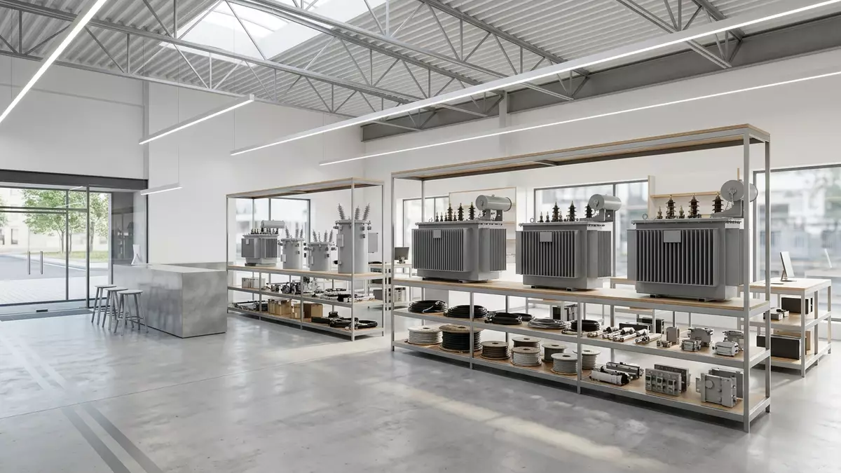 Architektur-Render im Elektrofachhandel mit Stromtransformator im Ausstellungsbereich