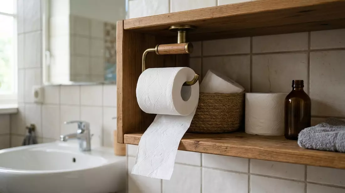 Fotorealistische Ansicht von Toilettenpapier im Badezimmer in realer Umgebung, neutral