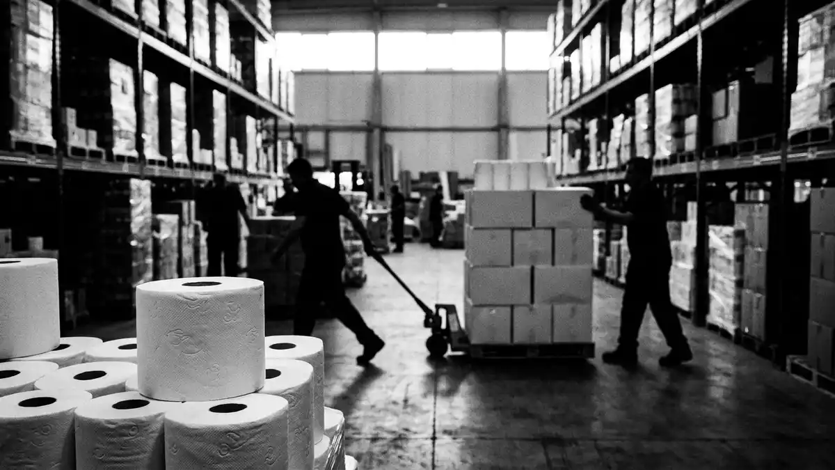 Schwarzweiss-Reportagebild mit Toilettenpapier in dokumentarischer Arbeitsumgebung
