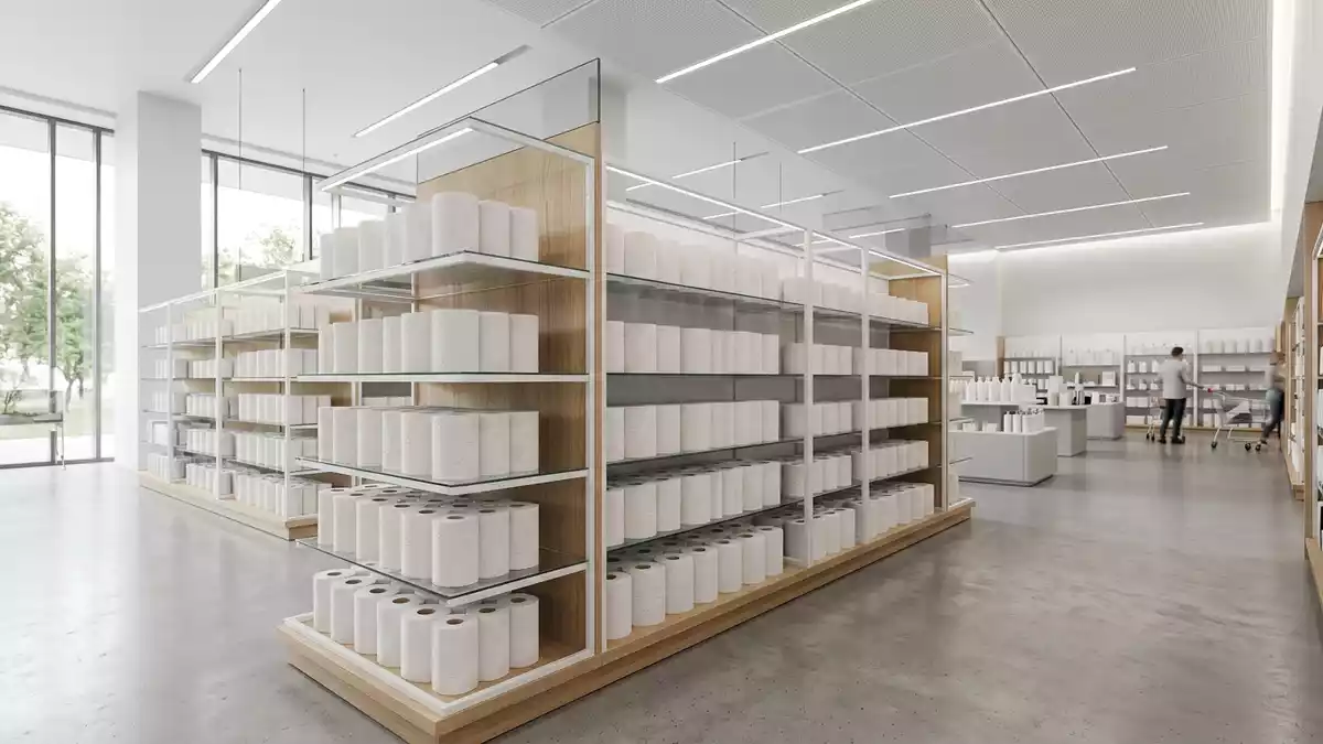 Architektur-Render im Drogeriemarkt mit Toilettenpapier im Ausstellungsbereich