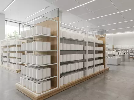 Architektur-Render im Drogeriemarkt mit Toilettenpapier zum Thema Zewa Toilettenpapier, ISIN SE0017768716, neutrales Tageslicht - Foto: THN