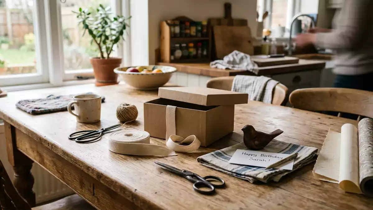 Fotorealistische Ansicht von Geschenkbox zum Verschenken in realer Umgebung, neutral