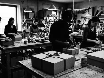 Schwarzweiss-Reportage mit Geschenkbox zum Thema Etsy Geschenke, ISIN US29786A1060, hoher Kontrast, sachlich dargestellt - Foto: THN