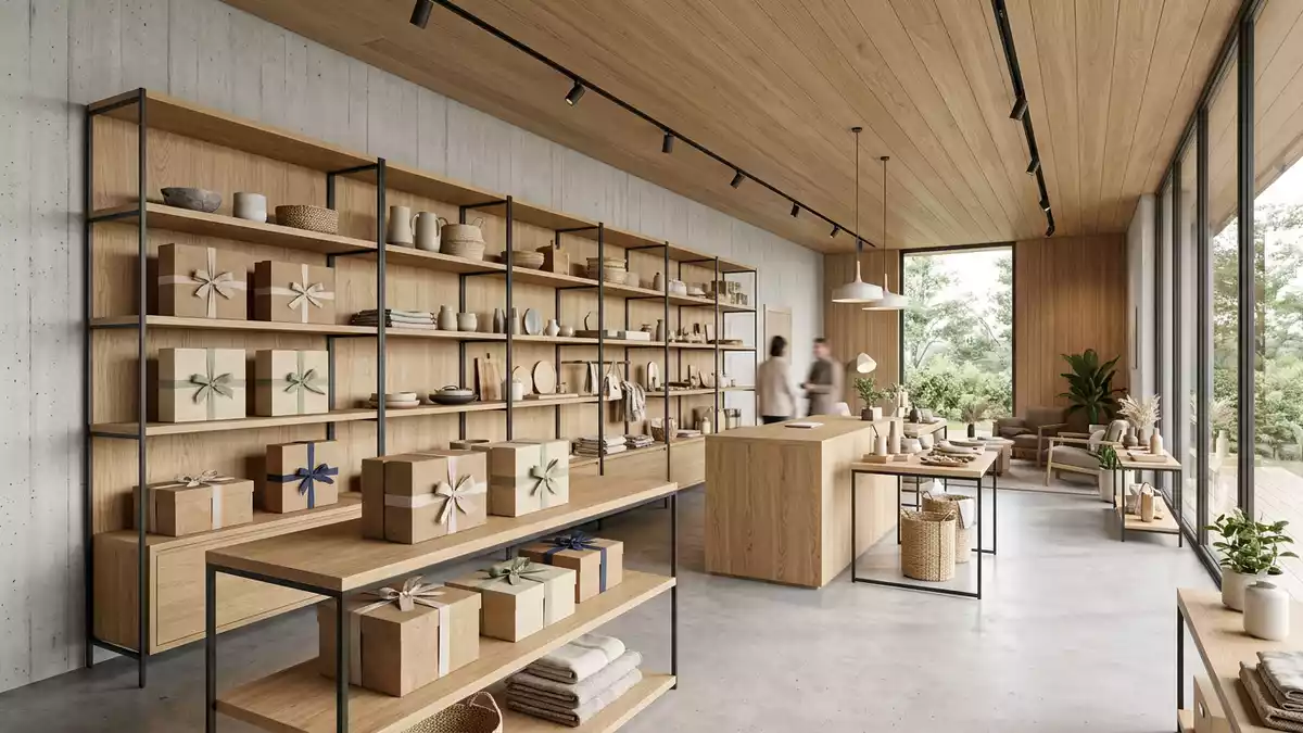 Architektur-Render im Kunsthandwerk mit Geschenkbox im Ausstellungsbereich, neutral
