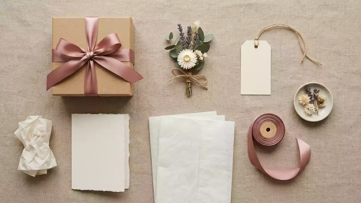 Flatlay-Arrangement rund um Geschenkbox mit passenden Requisiten von oben, neutral