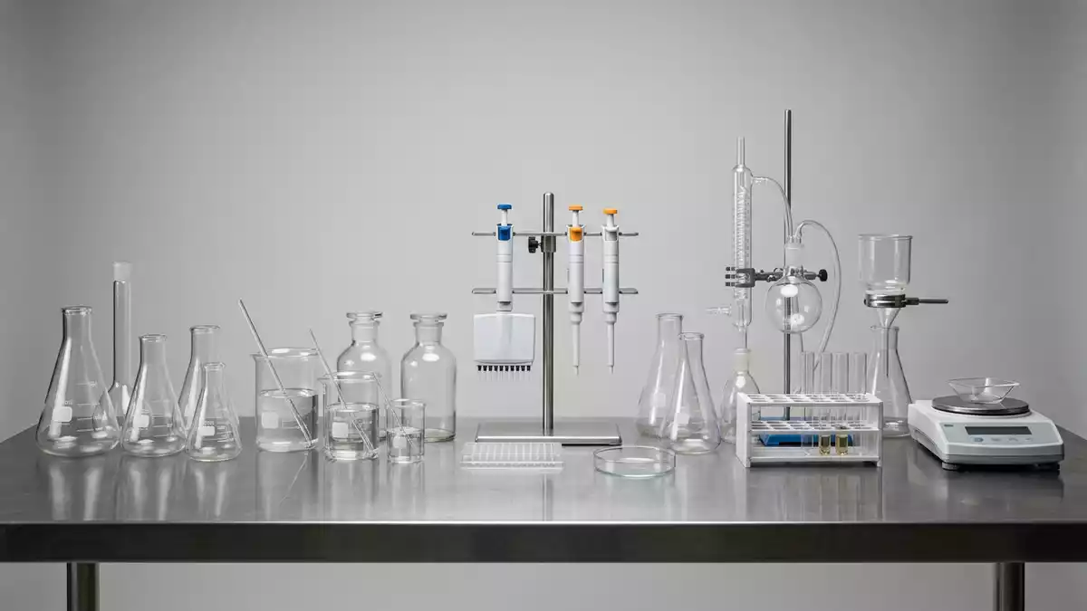 Fotorealistische Studioansicht von Laborarbeitsplatz in neutraler Produktdarstellung