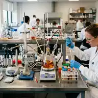 Fotorealistische Aufnahme von Laborarbeitsplatz im Labor zum Thema Evotec Forschung, ISIN DE0005664809, natuerliches Licht - Foto: THN