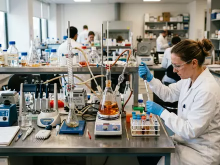 Fotorealistische Aufnahme von Laborarbeitsplatz im Labor zum Thema Evotec Forschung, ISIN DE0005664809, natuerliches Licht - Foto: THN
