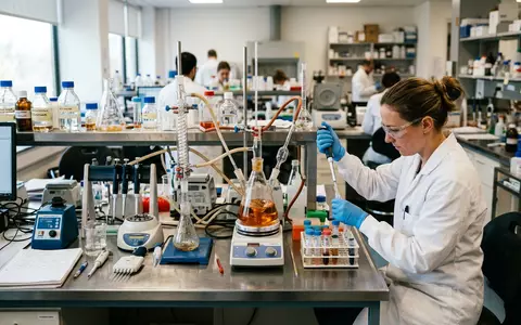 Fotorealistische Aufnahme von Laborarbeitsplatz im Labor zum Thema Evotec Forschung, ISIN DE0005664809, natuerliches Licht - Foto: THN