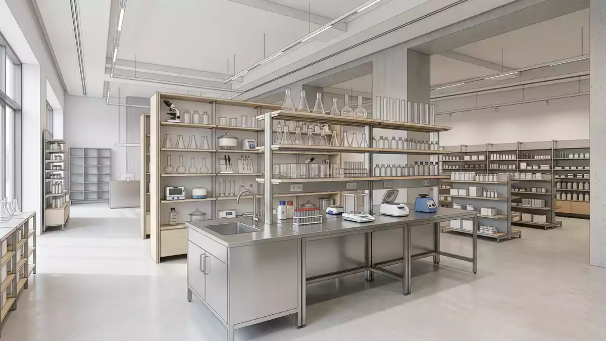 Architektur-Render im Laborfachhandel mit Laborarbeitsplatz im Ausstellungsbereich