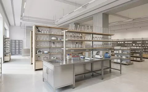 Architektur-Render im Laborfachhandel mit Laborarbeitsplatz zum Thema Evotec Forschung, ISIN DE0005664809, neutrales Tageslicht - Foto: THN