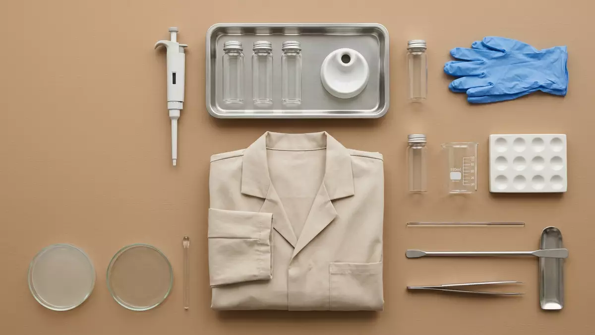 Flatlay-Arrangement rund um Laborarbeitsplatz mit passenden Requisiten von oben