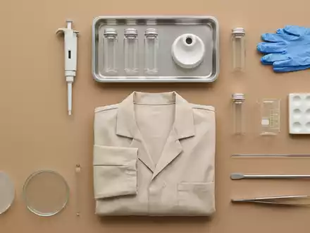 Flatlay-Arrangement rund um Laborarbeitsplatz zum Thema Evotec Forschung, ISIN DE0005664809, weiches Oberlicht - Foto: THN