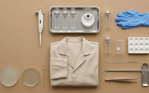 Flatlay-Arrangement rund um Laborarbeitsplatz zum Thema Evotec Forschung, ISIN DE0005664809, weiches Oberlicht - Foto: THN