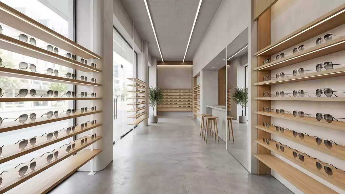 Architektur-Render im Optikfachgeschäft mit Pilotenbrille im Ausstellungsbereich