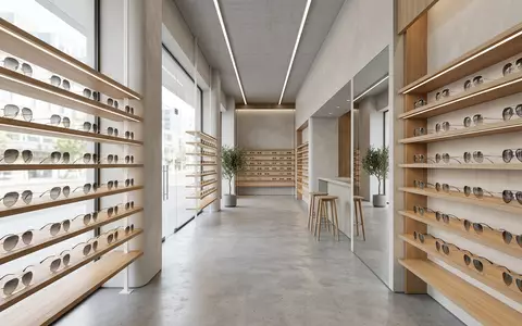 Architektur-Render im Optikfachgeschäft mit Pilotenbrille zum Thema Ray-Ban Aviator, ISIN FR0000121667, neutrales Tageslicht - Foto: THN