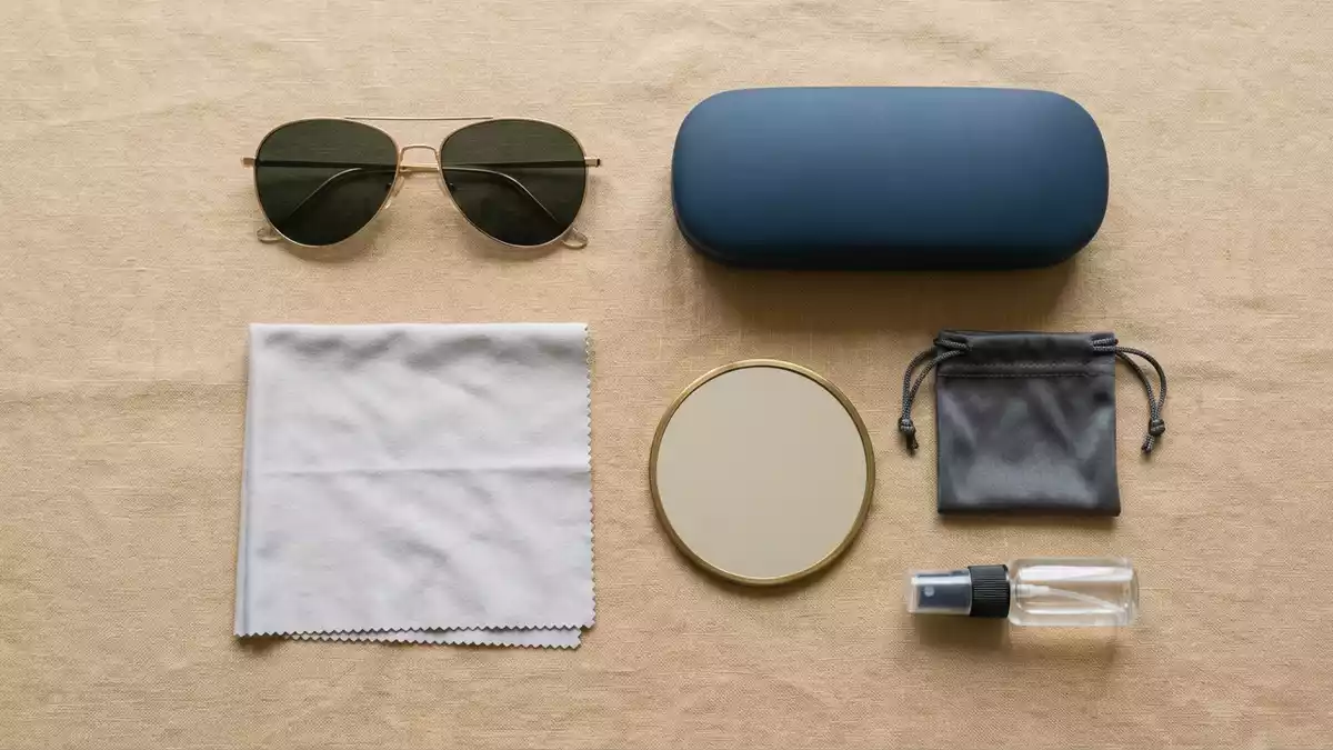 Flatlay-Arrangement rund um Pilotenbrille mit passenden Requisiten von oben, neutral