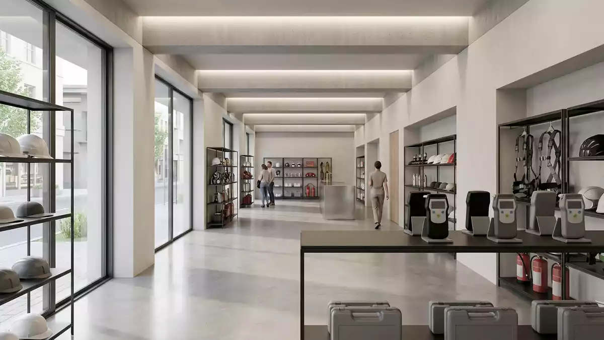 Architektur-Render im Sicherheitsfachhandel mit Atemalkoholtester im Ausstellungsbereich