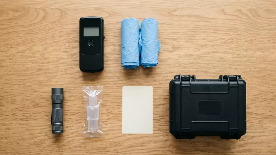 Flatlay-Arrangement rund um Atemalkoholtester mit passenden Requisiten von oben