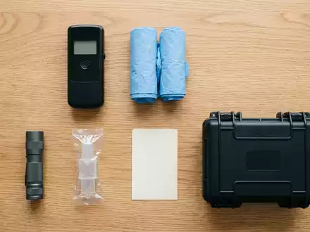 Flatlay-Arrangement rund um Atemalkoholtester zum Thema DrÀger Alkoholtester, ISIN DE0005310304, weiches Oberlicht - Foto: THN