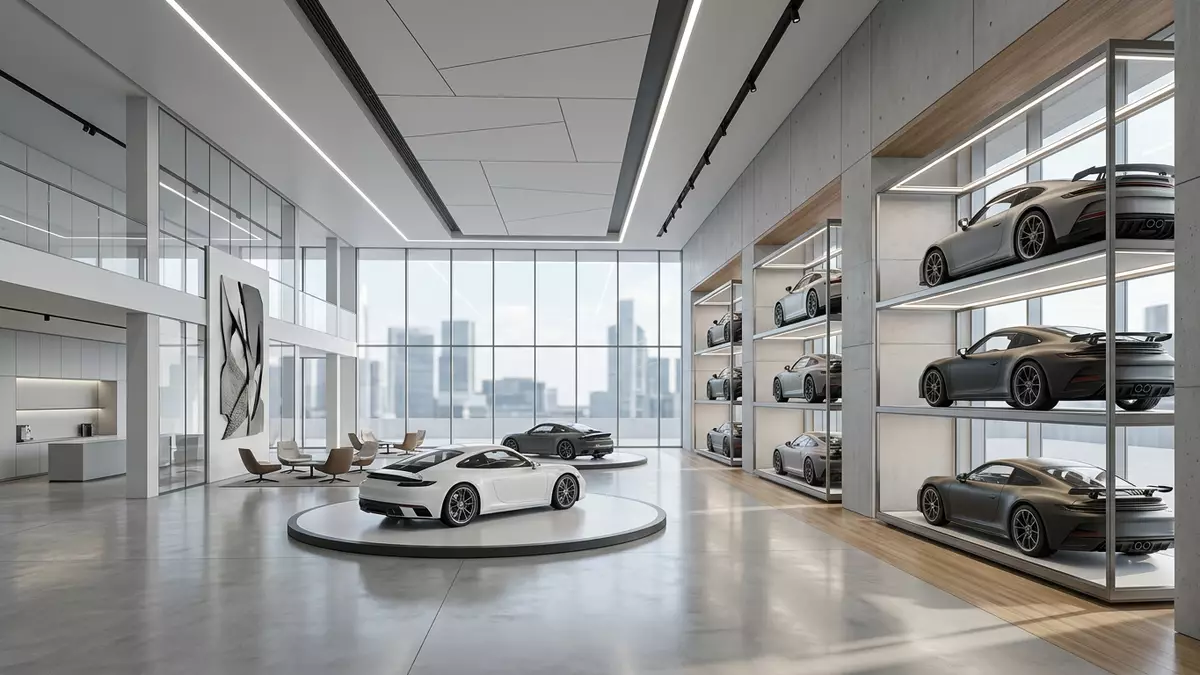 Architektur-Render im Autohaus mit Sportcoupé im Ausstellungsbereich, neutral