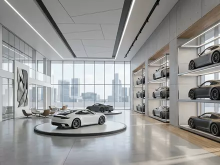Architektur-Render im Autohaus mit Sportcoupé zum Thema Porsche 911, ISIN DE000PAG9113, neutrales Tageslicht - Foto: THN