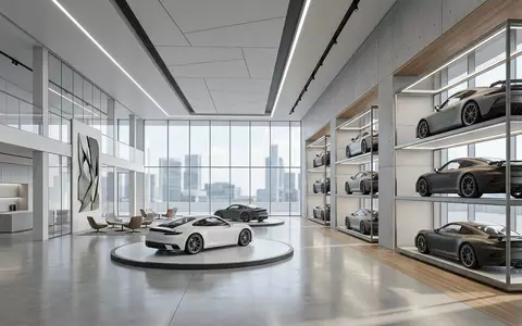 Architektur-Render im Autohaus mit Sportcoupé zum Thema Porsche 911, ISIN DE000PAG9113, neutrales Tageslicht - Foto: THN