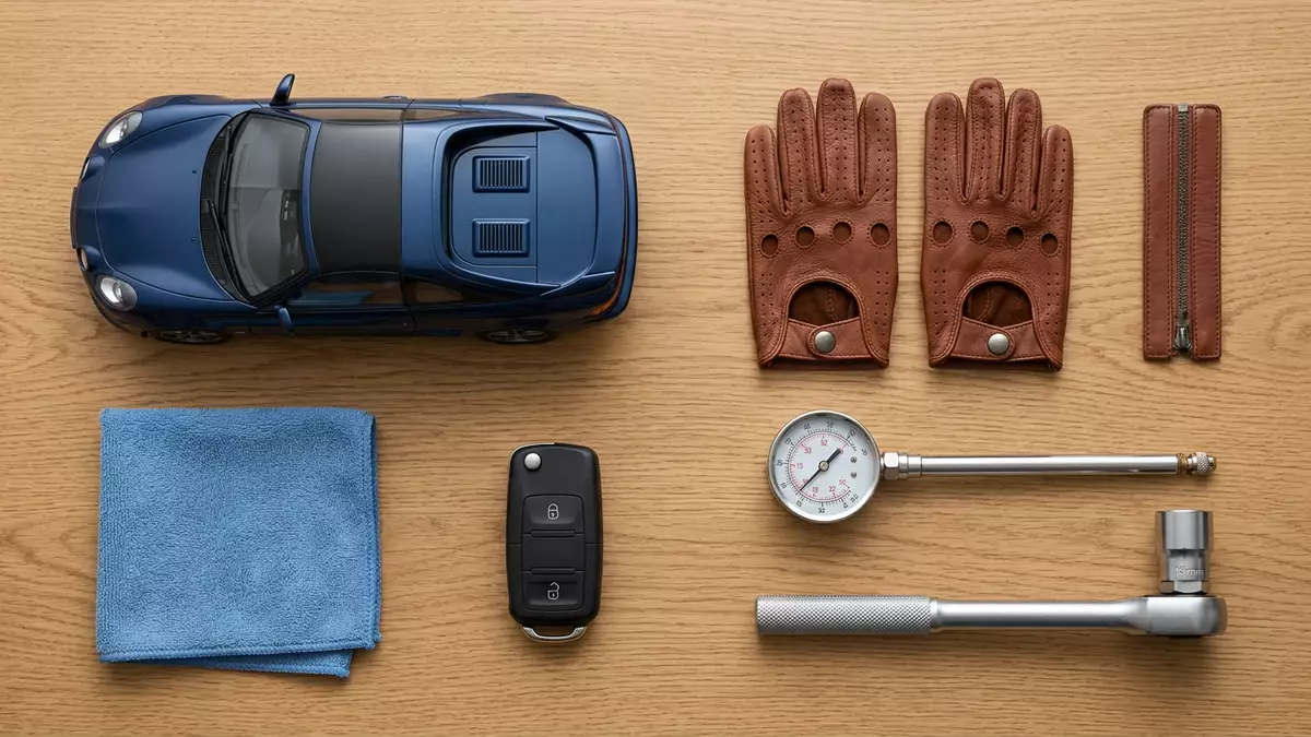 Flatlay-Arrangement rund um Sportcoupé mit passenden Requisiten von oben, neutral