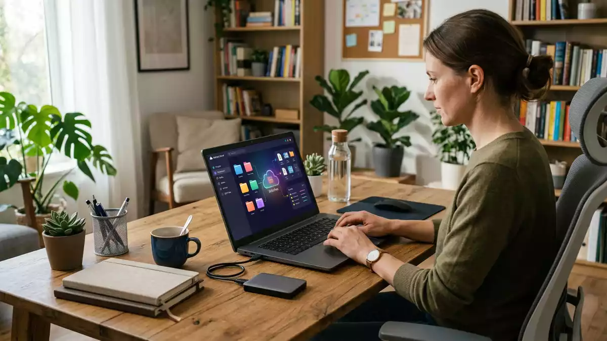 Fotorealistische Ansicht von Cloud-Laptop im Homeoffice in realer Umgebung, neutral