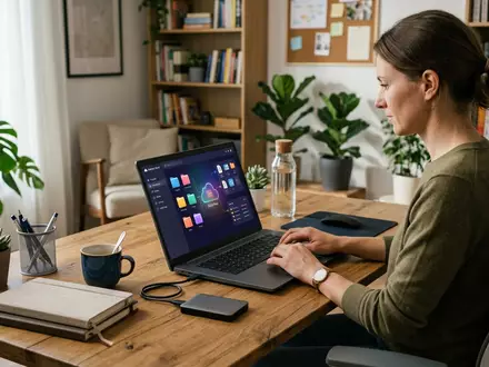 Fotorealistische Aufnahme von Cloud-Laptop im Homeoffice zum Thema Dropbox Plus, ISIN US26210C1045, natuerliches Licht - Foto: THN
