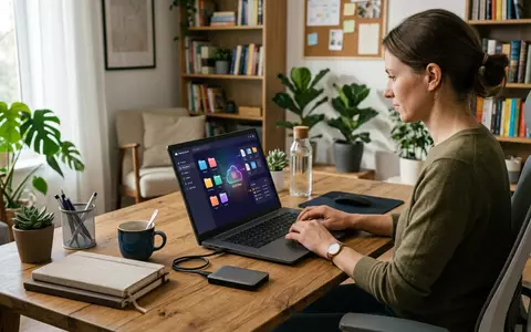 Fotorealistische Aufnahme von Cloud-Laptop im Homeoffice zum Thema Dropbox Plus, ISIN US26210C1045, natuerliches Licht - Foto: THN