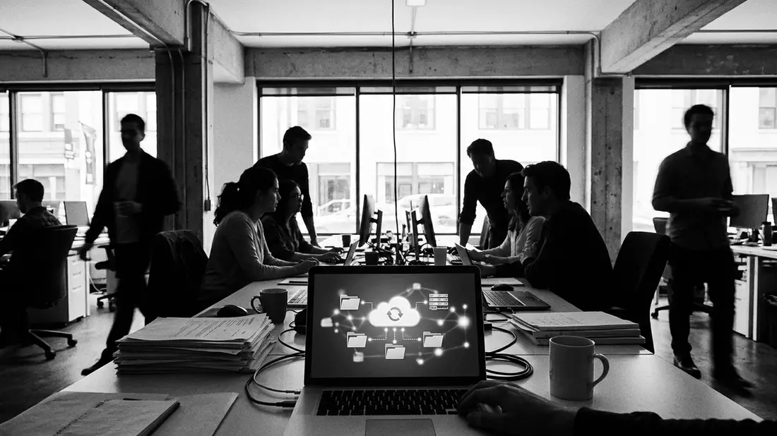 Schwarzweiss-Reportagebild mit Cloud-Laptop in dokumentarischer Arbeitsumgebung