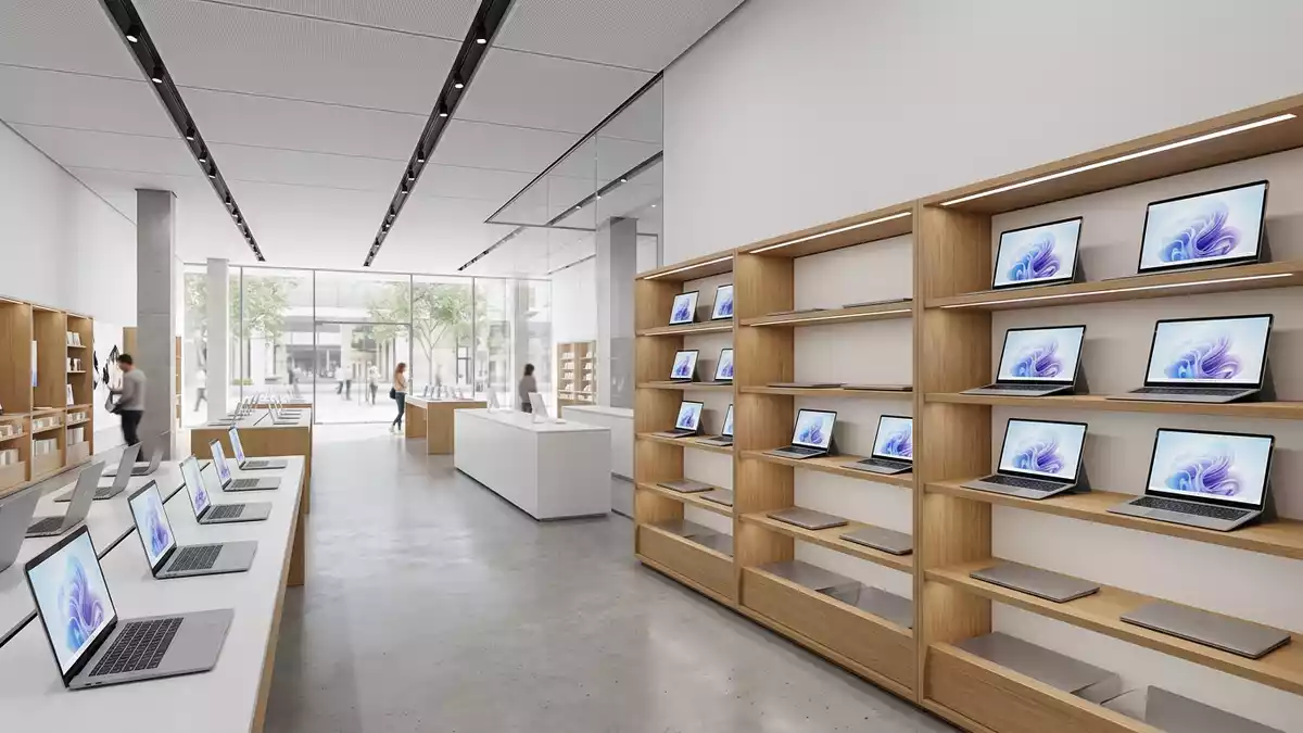 Architektur-Render im Computerfachhandel mit Cloud-Laptop im Ausstellungsbereich