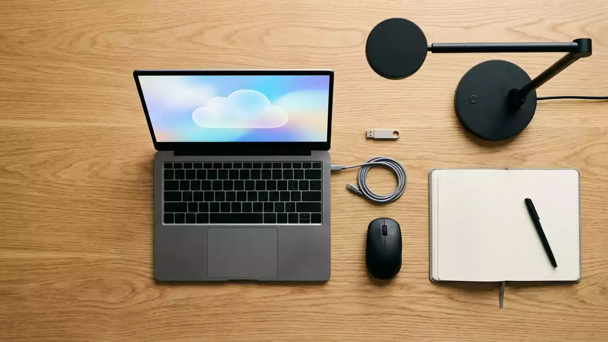 Flatlay-Arrangement rund um Cloud-Laptop mit passenden Requisiten von oben, neutral
